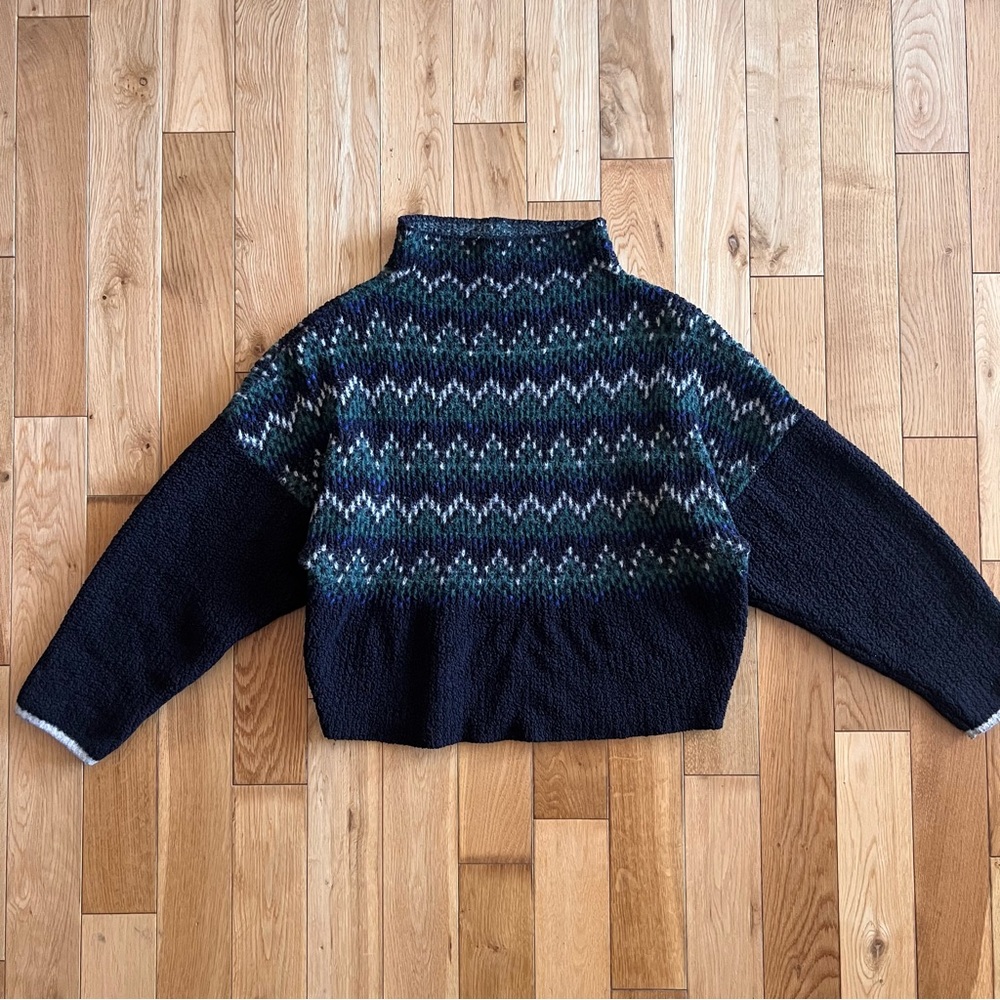 Pilcro Anthropologie Selene Zig Zag Sweater Navy Blue Green Oversized Womens Med - Picture 2 of 7